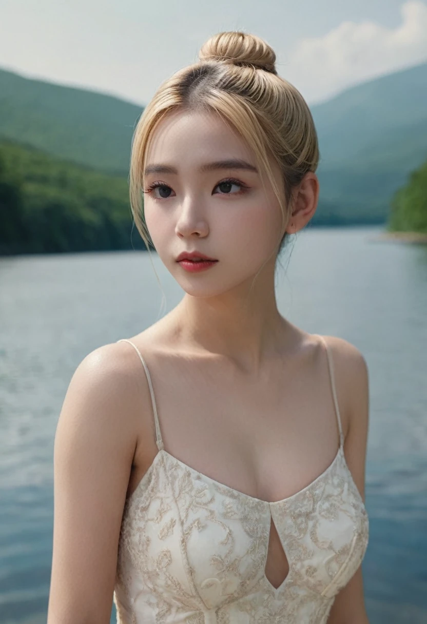 any4,blonde hair bun,,lake,dress,(upper body,dof,volumetric lighting,masterpiece,extremely detailed skin,pores,cinematic,add_detail,nude,20 years old