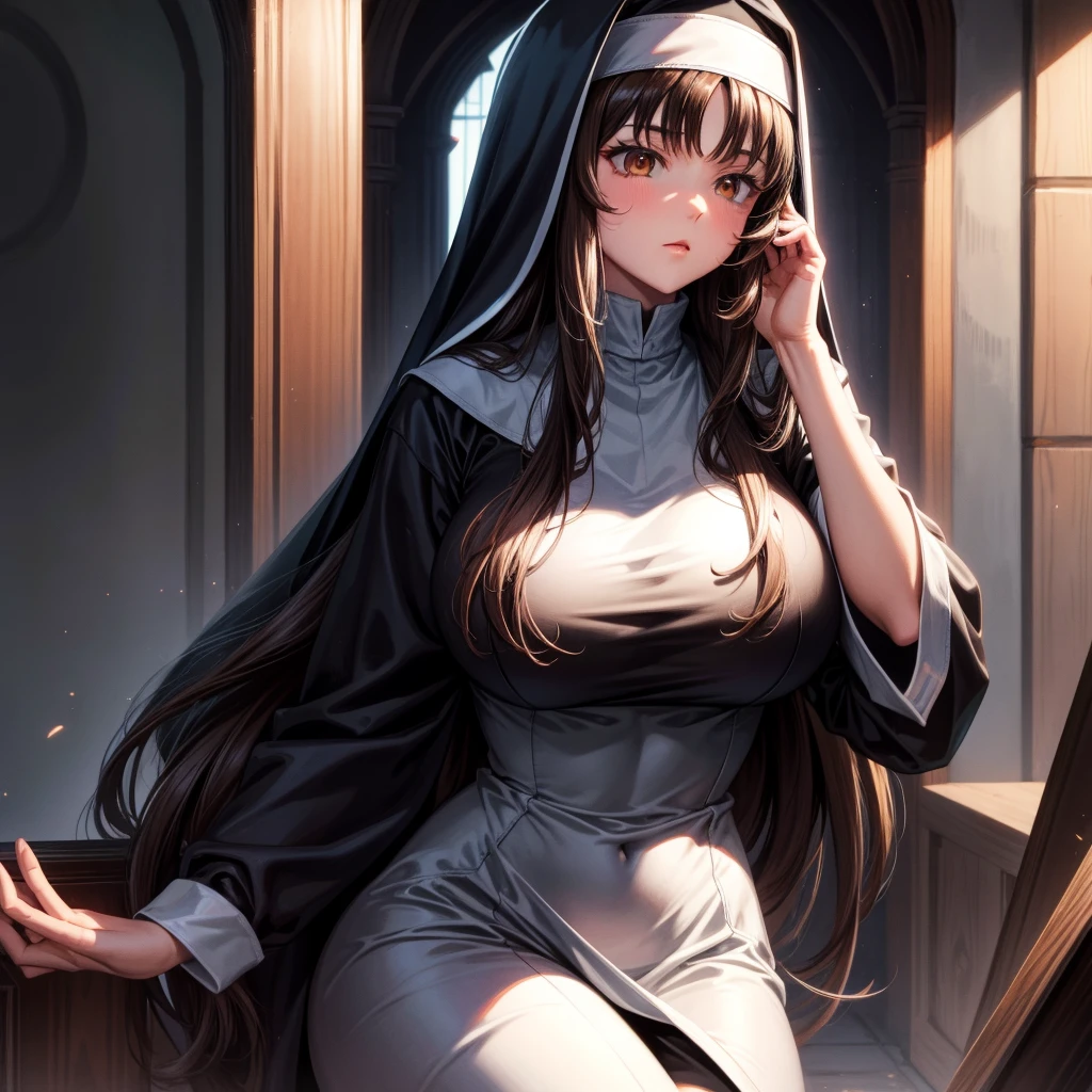 long dark hair / big  / brown eye /  nun outfit 