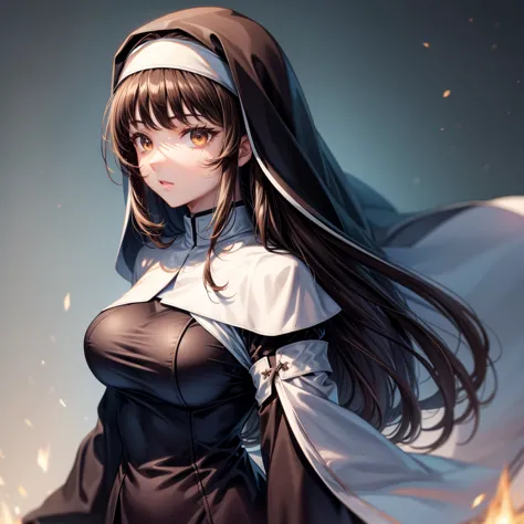 long dark hair / big tits / brown eye /  nun outfit 