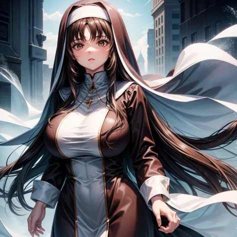 long dark hair / big tits / brown eye /  nun outfit 