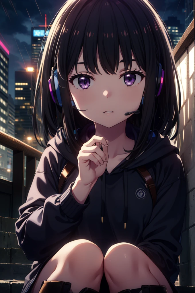 Takiuchikami, Check it out, Long Hair, bangs, Black Hair, (Purple eyes:1.2),Oversized blue hoodie,Wired headphones,jeans,short boots,Sitting on the steps of a building,Hiding in a roofed building,whole bodyがイラストに入るように,rain,cloudy,night,
break outdoors, Building district,
break looking at viewer, whole body,
break (masterpiece:1.2), Highest quality, High resolution, unity 8k wallpaper, (figure:0.8), (Beautiful attention to detail:1.6), Highly detailed face, Perfect lighting, Highly detailed CG, (Perfect hands, Perfect Anatomy),