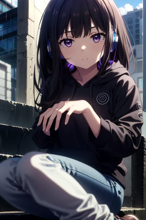 Takiuchikami, Check it out, Long Hair, bangs, Black Hair, (Purple eyes:1.2),Oversized blue hoodie,Wired headphones,jeans,short b...