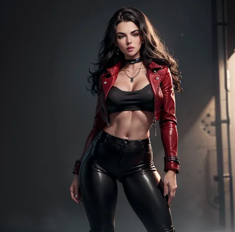 A athletic 20-year-old English girl abigail mac with large breasts and slim waist, black wavy hair, red leather jacket, black le...