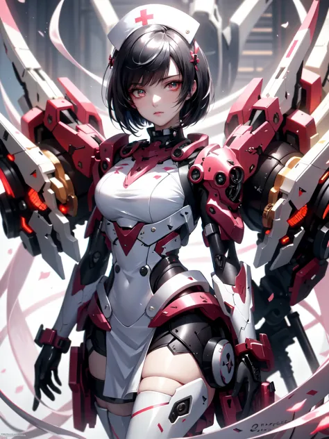 with machine gun, yorime, ahegaovery / sexual ecstasy), black hair, bob cut, black and red nurse uniform, straight hair, nurse c...