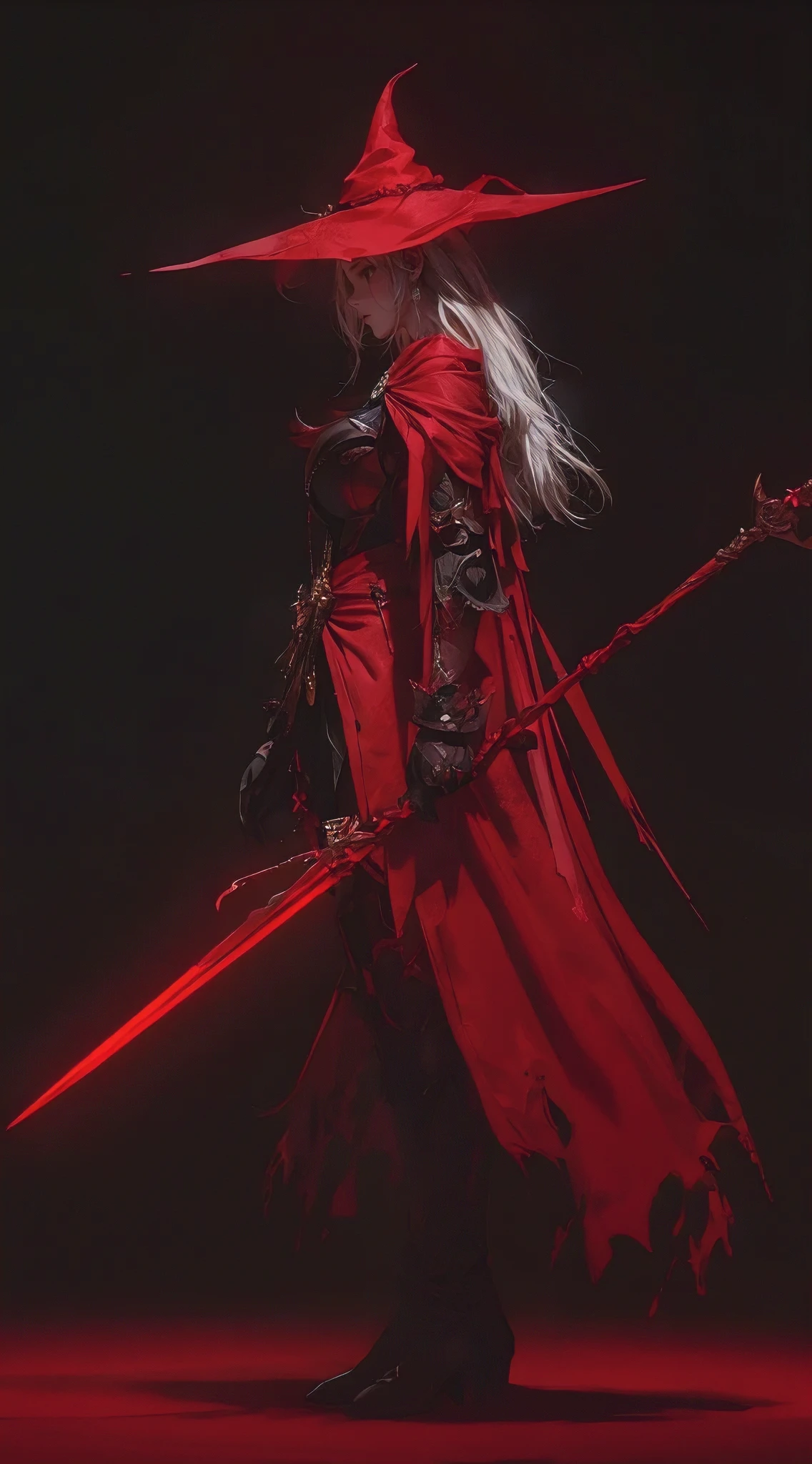 A red-robed mage in a dramatic side profile pose, (huge breasts), full body view, against a bright white light background, highly detailed, cinematic, portrait, moody lighting, fantasy, dramatic, photorealistic