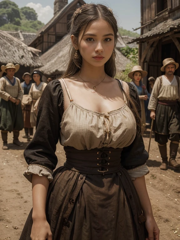 ผลงานชิ้นเอก, จิตรกรรม of middlesized Guinwen as a peasant girl, 8ก, ผู้หญิง 1 คน, 2 หัว, คอสั้น, ใบหน้าสวย, ใบหน้าที่ละเอียดอ่อน, ใบหน้าสวย, แก้มกลม, ((ยีน&#39;ใบหน้าwen)), ยีน&#39;ใบหน้า, ดวงตาที่ละเอียดอ่อน, ดวงตาสีเทา, ตาโต, ((ริมฝีปากเต็ม)), ((สีบลอนด์)), ((สีบลอนด์e hair)), เส้นผม, ผมหางม้า, รายละเอียดมาก, เอวก็มองเห็นได้, (((หน้าอกอิ่มและอ่อนนุ่ม,)))(((หน้าอกใหญ่))) (((ความแตกแยก))) (รูปร่างโค้งมนที่สมบูรณ์แบบ), แต่งกายเรียบร้อย, วัยกลางคน, ภาพเหมือน, ((เด็กหญิงถูกผูกติดอยู่ระหว่างชายสองคนที่มีหนวดเคราสูง)), (ทั้งร่างกาย), การสลายตัวอย่างสมบูรณ์, ริมฝีปากเต็ม, ผิวนุ่ม, (ชุดขนสัตว์ที่สวมใส่), รูปลักษณ์ที่ยอดเยี่ยม, คนเบื้องหลัง, (带有วัยกลางคน市场元素的详细背景), จิตรกรรม, การยิงปืนชาวอเมริกัน