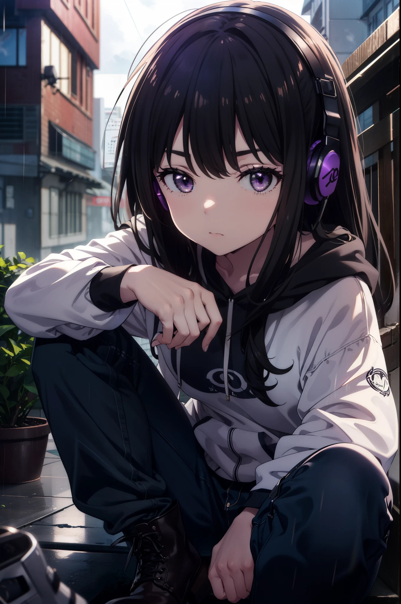 Takiuchikami, Check it out, Long Hair, bangs, Black Hair, (Purple eyes:1.2),Oversized blue hoodie,Wired headphones,jeans,short boots,Sitting on the steps of a building,Hiding in a roofed building,whole bodyがイラストに入るように,rain,cloudy,night,
break outdoors, Building district,
break looking at viewer, whole body,
break (masterpiece:1.2), Highest quality, High resolution, unity 8k wallpaper, (figure:0.8), (Beautiful attention to detail:1.6), Highly detailed face, Perfect lighting, Highly detailed CG, (Perfect hands, Perfect Anatomy),