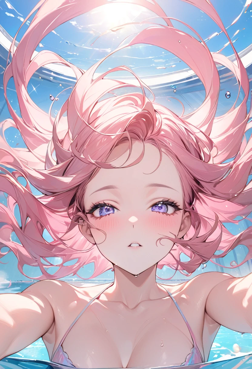 portrait art, best quality, super fine, 16k, 2.5D, delicate and dynamic depiction, swimming pool in a dreamland, beautiful woman in swimsuit floating in floating ring, sunbathing with her arms raised towards the sun, amorous and lewd expression, superlative body proportion, glittering and fluffy effect of pastel and vivid colors
