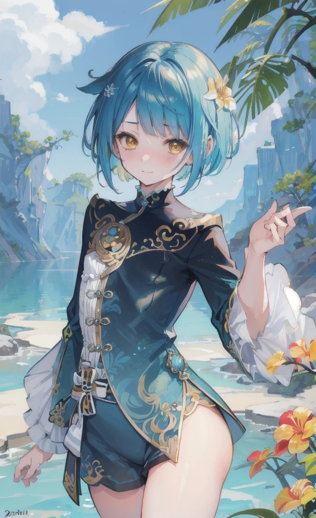 (masterpiece), (best quality), (ultra detailed), (Xingqiu), upper body, blushing, sexy look, tropical flowers, a pond, flat chest, yellow eyes, blue hair, short hair, detailed hair, close up, undercut, one piece outfit with the hips cut out, snowflake eyes