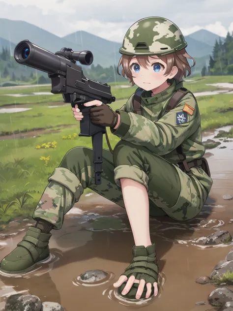 high quality,masterpiece,12 years old,blue eyes,outdoor,顔 focus,brown hair, short hair, military camouflage uniform,green helmet...