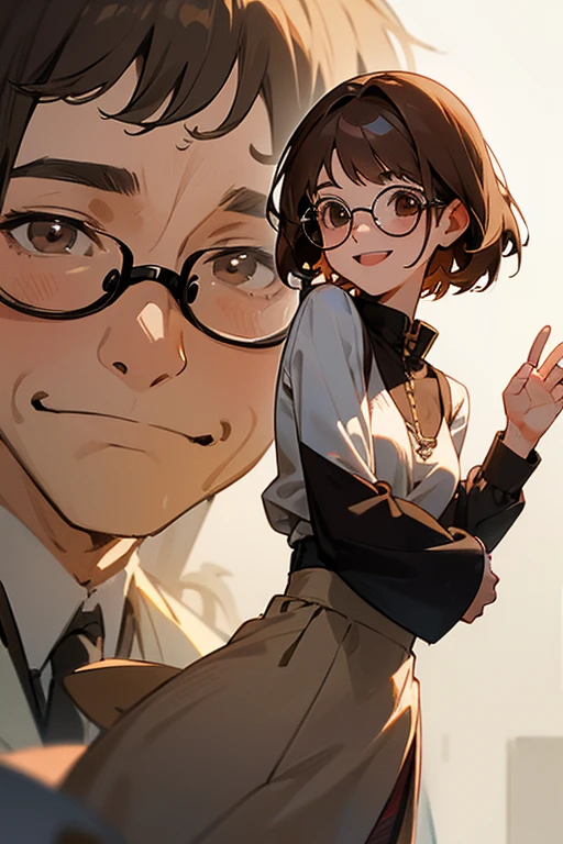 A girl, brown short  hair, brown eyes, she is wearing glasses say farewell to a man, while laughing mocking , he is far away