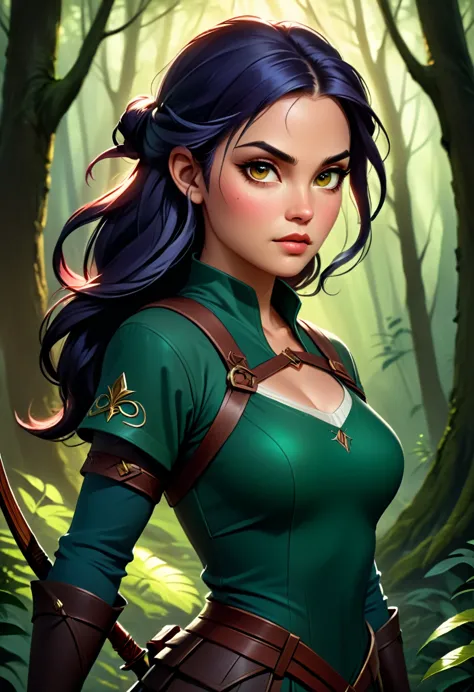 a skilled archer in a forest, highly detailed portrait, beautiful female character, dramatic lighting, cinematic composition, da...