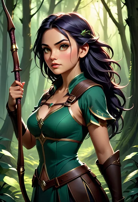 a skilled archer in a forest, highly detailed portrait, beautiful female character, dramatic lighting, cinematic composition, da...