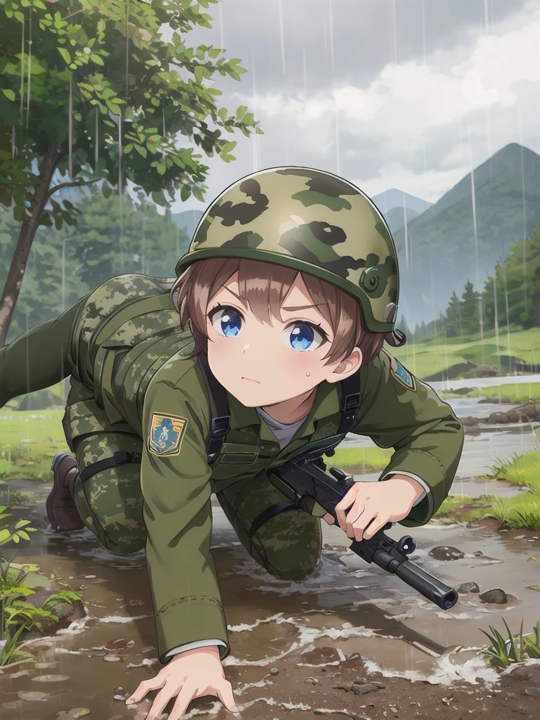 high quality,masterpiece,12 years old,blue eyes,Outdoor,顔 focus,Brown Hair, short hair, Military camouflage uniform,Green helmet,heavy rain,In the mountains,cloudy,Muddy clothes,He has a gun,Crawling on the ground,Point the gun this way,serious,Ruthless eyes