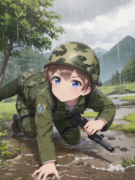 high quality,masterpiece,12 years old,blue eyes,outdoor,顔 focus,brown hair, short hair, military camouflage uniform,green helmet...