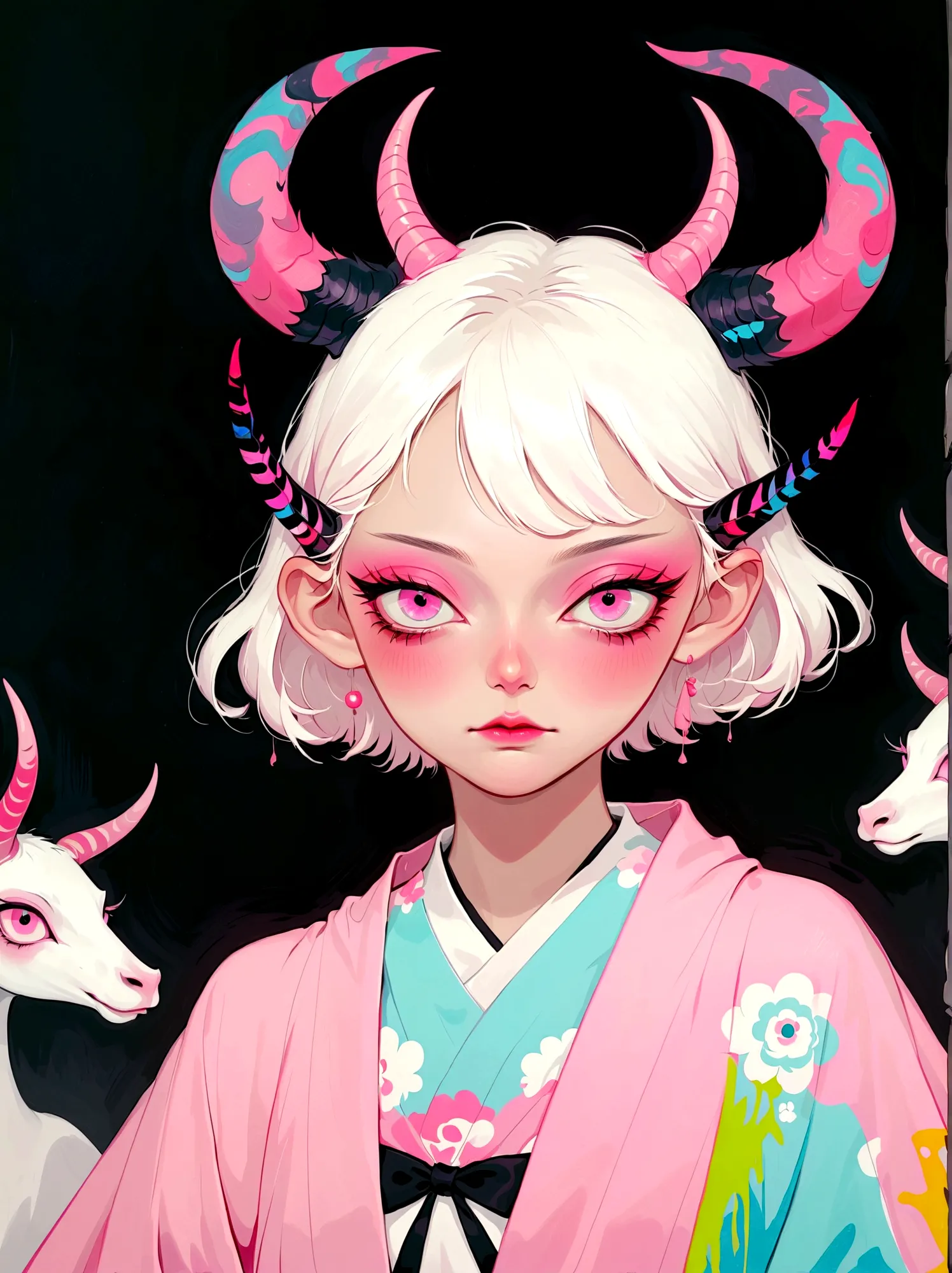 girl with pink horns on her head，pink eyes，phosphor，neat short hair，japanese horror style japanese pop surrealism, author：yukika...