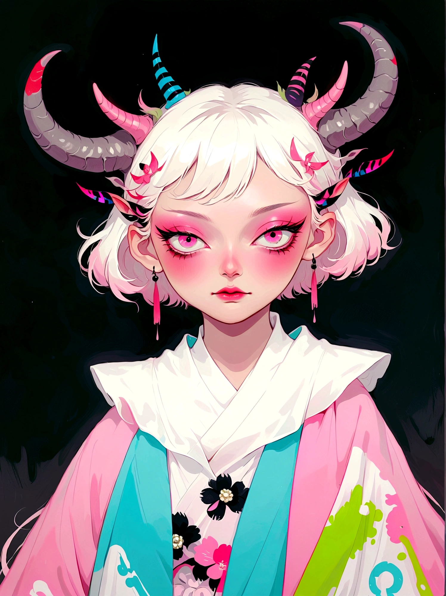 Girl with pink horns on her head，Pink eyes，Phosphor，Neat short hair，Japanese horror style Japanese pop surrealism, author：Yukika Kosaka, Nguyen Gia and Joao Nguyen, 
