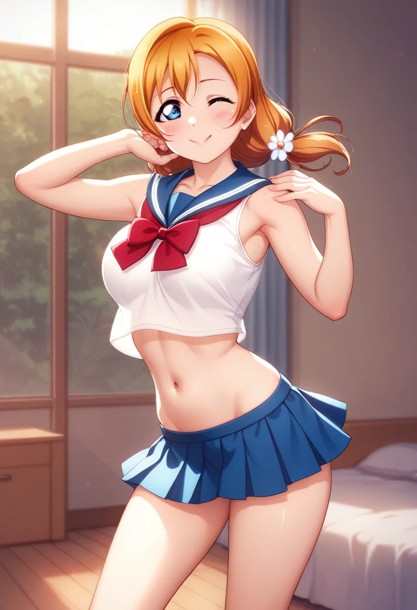 Honoka kousaka love live, blue eyes, orange hair,hair flower, sailor top, sleeveless, breasts, micro skirt, perfect eyes, Perfect iris，Perfect skin，Soft front light，indoors；（pastel colour:1.2),(lipstick:0.8) ,sexy pose,wink, standing, mommy,low twintails, curvy thicc body , Long hair , blushing, crotch , detailed navel, belly button , full body 