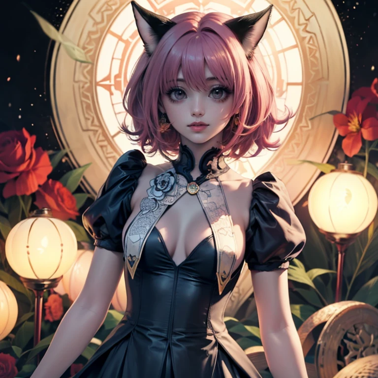 Ichigo Momomiya, Tokyo Mew Mew, short hair, pink hair, ornament hair, cat ears, perfectly body, perfectly hands,  flowing hair, maid, maid dress, maid headdress, maid apron, white apron, holding a lantern, Chinese lantern, shrine scenery, red roses on focus, gold lantern, Chinese style, Chinese maid dress, marsala dress, more details on her clothes, black dress with transparency, golden details, night, smiling, ((4k, masterpiece, top-quality)),8k, best quality, high resolution, HD, (illustration:0.8), super cute girl, delicate and beautiful face, mature girl, super cute hairstyle, (beautiful detailed eyes:1.6), extremely detailed face, perfect lighting, extremely detailed CG, (perfect hands, perfect anatomy), Best quality, cleavage, small skirt, full Body, two arms, two legs, two hands, five fingers