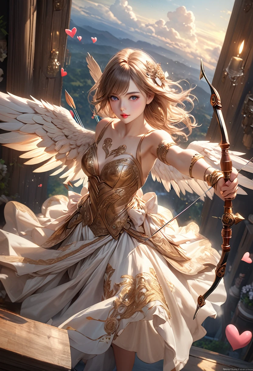 Beautiful Detailed Eyes, Beautiful Detailed Lips, Extremely Detailed Eyes and Face, Long Lips, Love Angel Cupid (Archer), angel wings, bow, arrows, (holding a bow and shooting arrows): 1.2 from above the clouds, heart-shaped arrowhead: 1.2, hearts flying, 1 girl, full-body view, digital painting, oil painting, fantasy, romantic, cinematic lighting, warm color palette, dramatic lighting, intricate details, dreamlike, detailed, photorealistic, (highest quality, 16k, highres, masterpiece: 1.2), ultra-detailed, (realistic, photorealistic, photo-realistic: 1.37), HDR, UHD, studio lighting, ultra-fine painting, sharp focus, physically-based rendering, extreme detail description, Professional, vivid colors, bokeh