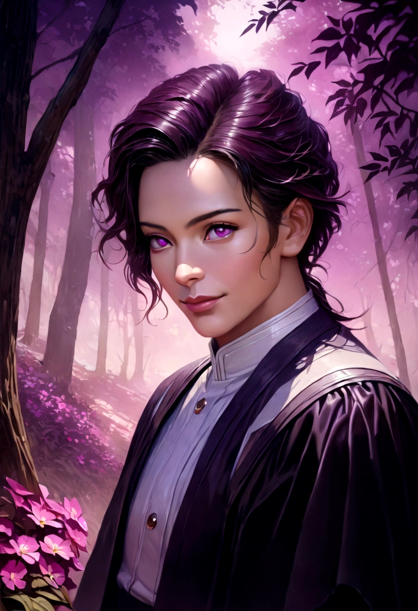 a beautiful portrait of Tanjiro, 1boy, detailed face, striking eyes, warm smile, standing in the middle of a glowing purple forest, lush purple trees and flowers surrounding him, ethereal lighting, natural beauty, stunning landscape, vivid colors, photorealistic, (best quality,4k,8k,highres,masterpiece:1.2),ultra-detailed,(realistic,photorealistic,photo-realistic:1.37)