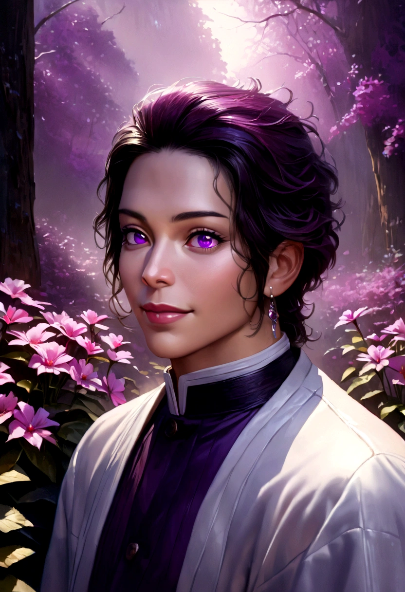 a beautiful portrait of Tanjiro, 1boy, detailed face, striking eyes, warm smile, standing in the middle of a glowing purple forest, lush purple trees and flowers surrounding him, ethereal lighting, natural beauty, stunning landscape, vivid colors, photorealistic, (best quality,4k,8k,highres,masterpiece:1.2),ultra-detailed,(realistic,photorealistic,photo-realistic:1.37)