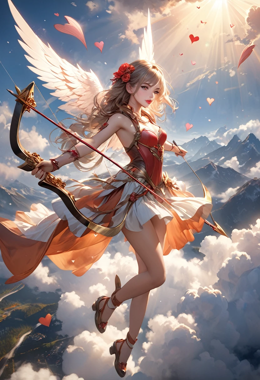 Beautiful Detailed Eyes, Beautiful Detailed Lips, Extremely Detailed Eyes and Face, Long Lips, Love Angel Cupid (Archer), angel wings, bow, arrows, (holding a bow and shooting arrows): 1.2 from above the clouds, heart-shaped arrowhead: 1.2, hearts flying, 1 girl, full-body view, digital painting, oil painting, fantasy, romantic, cinematic lighting, warm color palette, dramatic lighting, intricate details, dreamlike, detailed, photorealistic, (highest quality, 16k, highres, masterpiece: 1.2), ultra-detailed, (realistic, photorealistic, photo-realistic: 1.37), HDR, UHD, studio lighting, ultra-fine painting, sharp focus, physically-based rendering, extreme detail description, Professional, vivid colors, bokeh