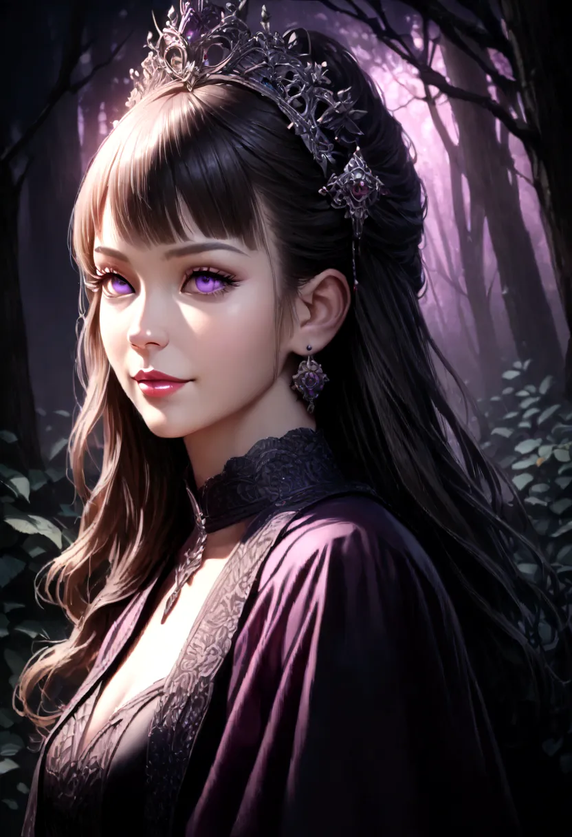 a beautiful girl in a purple glowing forest, (kanao,1girl), beautiful smile, looking directly at camera, extremely detailed face...