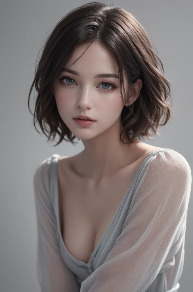 8K Ultra HD、RAWphotograph、モデルphotograph撮影、 European Fashion、(masterpiece、Highest quality、Realistic、High resolution、photograph:1.3)、close、focus on、Hot Model、slim、30 year old mature woman、Small face、No makeup、short hair、Beautiful dark brown Hayne eyes、Genuineスキン、(Perfect body)、Sexy hot face、erotic、sexual sight、slim、dress、Long sleeve、Beautiful eyes in every detail、Glossy lips、Small breasts、Small breasts、((Bright light、Dynamic Lighting、Genuine、超Genuine、 realism、Genuineなディテール、Cool Beauty、Cool pose、Background gray、Plain gray background