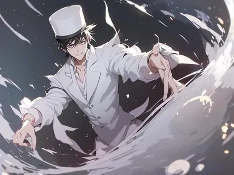 a man, with black hair, wearing a white hat, white suit and black shirt and white tie, a time lord, he is handsome, half body sm...