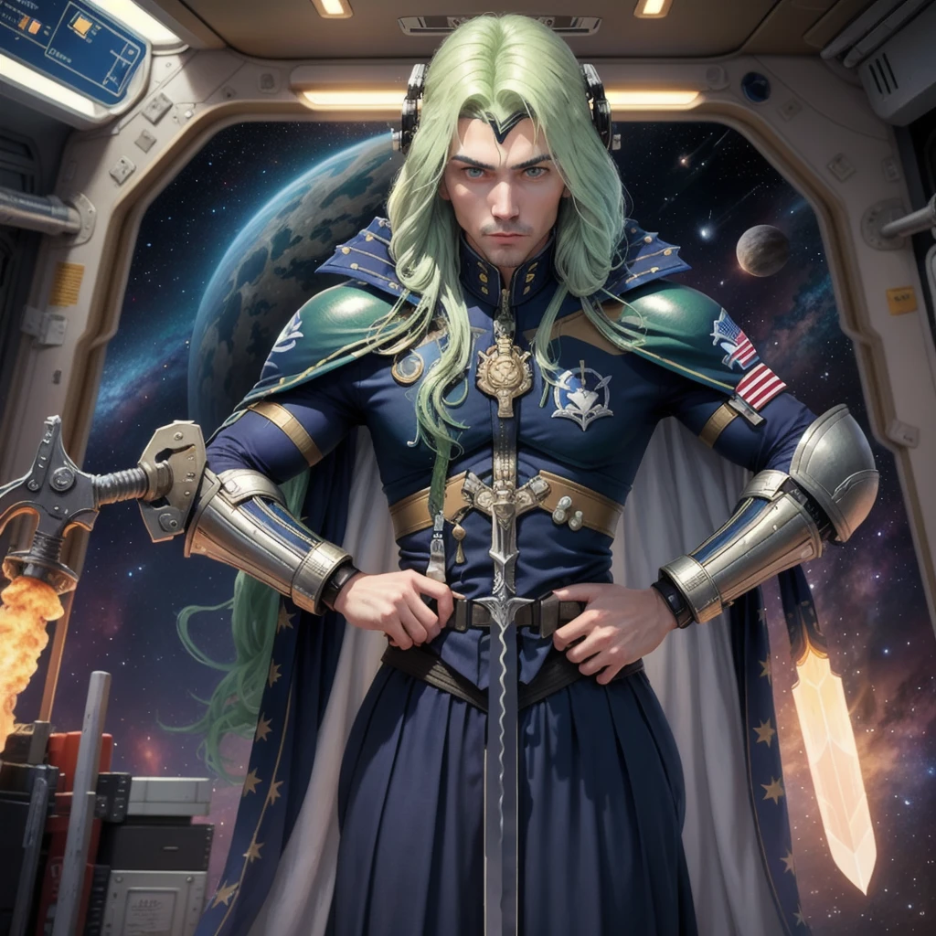 (1men,solo), star marine, futuristic blue metallic chrome armor, Star Marine emblem marked starMarine with icon on shoulders, futuristic assault rifle in hand, stealth sword on back, blue eyes, shiny green hair,

In a space station, view of space, surrounding ship,

no helmet, no sword