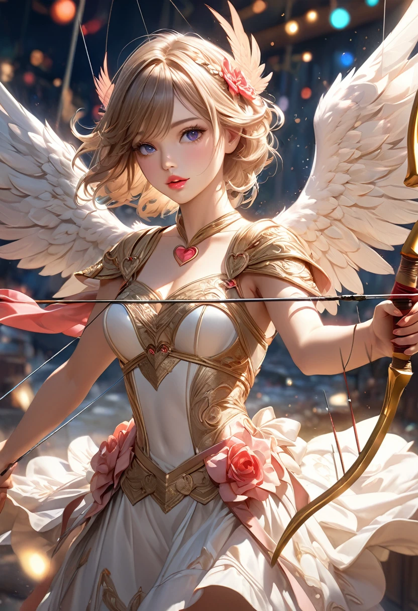 Beautiful Detailed Eyes, Beautiful Detailed Lips, Extremely Detailed Eyes and Face, Long Lips, Love Angel Cupid (Archer), angel wings, bow, arrows, (holding a bow and shooting arrows): 1.2 from above the clouds, heart-shaped arrowhead: 1.2, hearts flying, 1 girl, full-body view, digital painting, oil painting, fantasy, romantic, cinematic lighting, warm color palette, dramatic lighting, intricate details, dreamlike, detailed, photorealistic, (highest quality, 16k, highres, masterpiece: 1.2), ultra-detailed, (realistic, photorealistic, photo-realistic: 1.37), HDR, UHD, studio lighting, ultra-fine painting, sharp focus, physically-based rendering, extreme detail description, Professional, vivid colors, bokeh