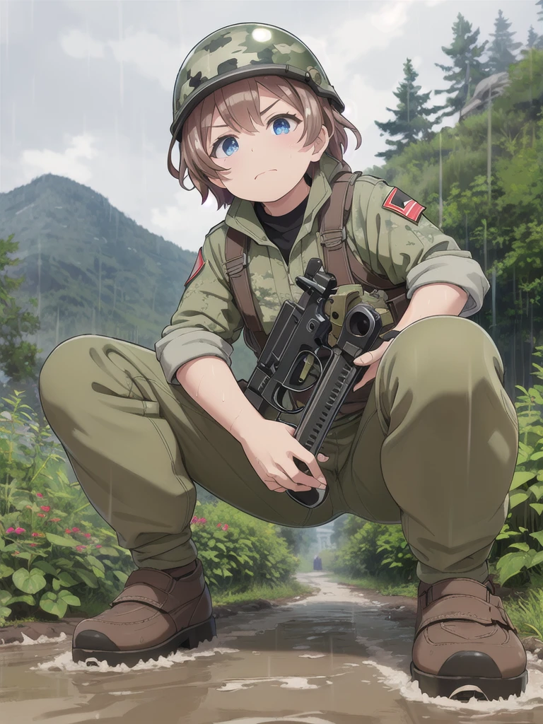 high quality,masterpiece,12 years old,blue eyes,Outdoor,顔 focus,Brown Hair, short hair, Military camouflage uniform,Green helmet,heavy rain,In the mountains,cloudy,Muddy clothes,He has a gun,Crawling on the ground,Point the gun this way,serious,Ruthless eyes,from below,Intense gunfight