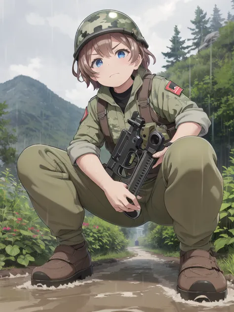 high quality,masterpiece,12 years old,blue eyes,outdoor,顔 focus,brown hair, short hair, military camouflage uniform,green helmet...