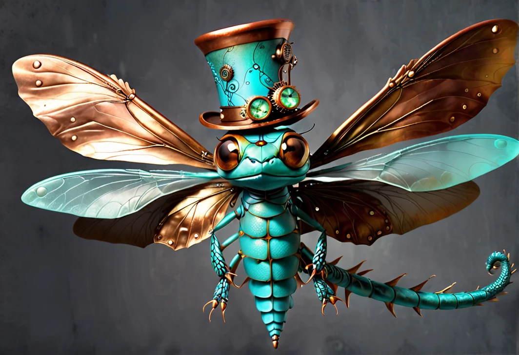 Crea una libélula steampunk caprichosa con una cara, alas color verde azulado y un sombrero de copa de cobre sobre un fondo gris.