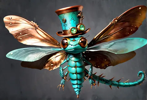 create a whimsical steampunk dragon fly with a face with teal wings and copper top hat on a grey background