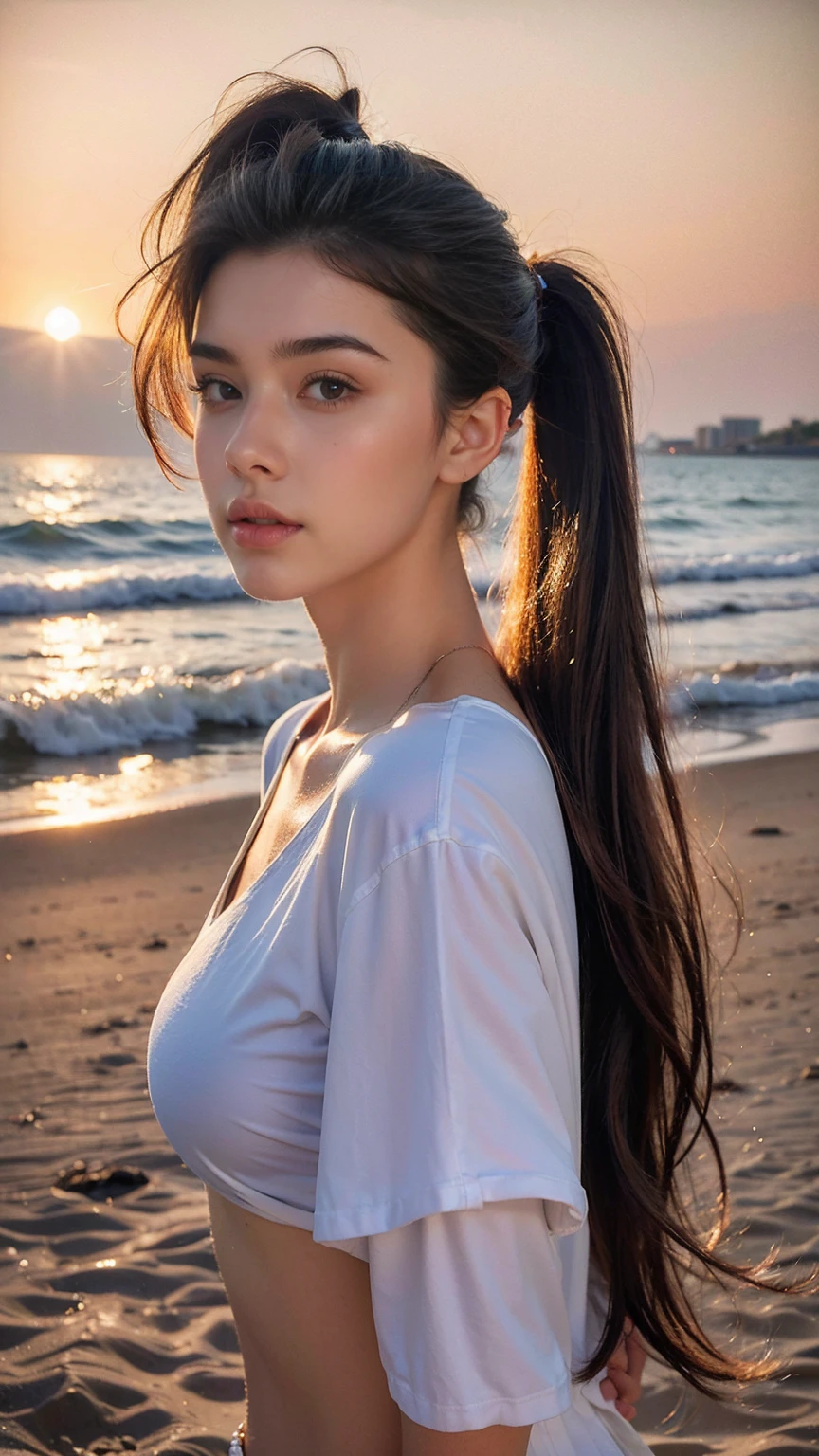 ((masterpiece, Best quality, a high resolution, ultra detailed),(beautiful and aesthetically pleasing:1.2), 1 woman, adult, perfect body, Wavy dark hair, green eyes, hair pulled back into a beautiful ponytail, Detailed eyes and face, long oversized shirt, swimsuit, bikini, golden hour, beach, sea, sand, Palm tree, complex parts, whole body, beachные шлепки, 