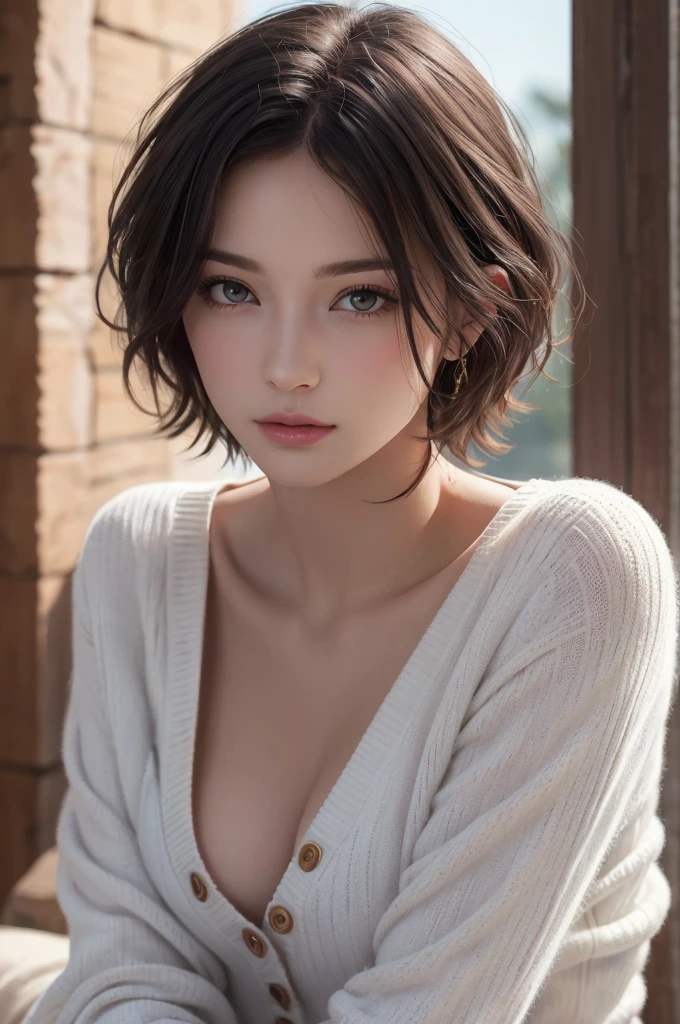 8K Ultra HD、RAWphotograph、モデルphotograph撮影、 European Fashion、(masterpiece、Highest quality、Realistic、High resolution、photograph:1.3)、close、focus on、Hot Model、slim、30 year old mature woman、Small face、No makeup、short hair、Beautiful dark brown Hayne eyes、Genuineスキン、(Perfect body)、Sexy hot face、erotic、sexual sight、slim、cardigan、Long sleeve、Button up,Beautiful eyes in every detail、Glossy lips、Small breasts、Small breasts、((Bright light、Dynamic Lighting、Genuine、超Genuine、 realism、Genuineなディテール、Cool Beauty、Cool pose、Background white、Plain white background