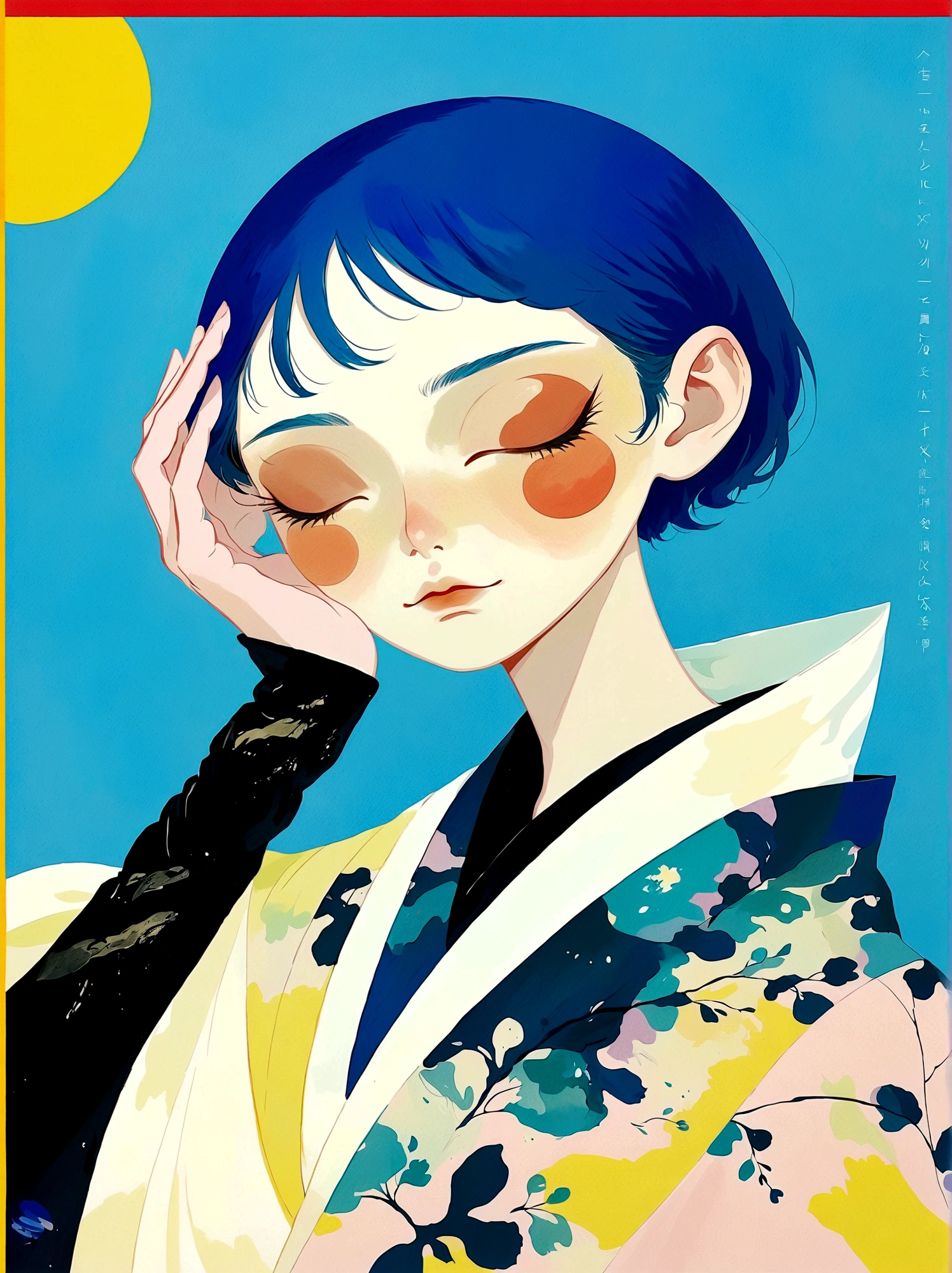 girl，Blue short hair，Japanese clothing，Japanese horror style Japanese pop surrealism, author：Yukika Kosaka, Nguyen Gia and Joao Nguyen, 
