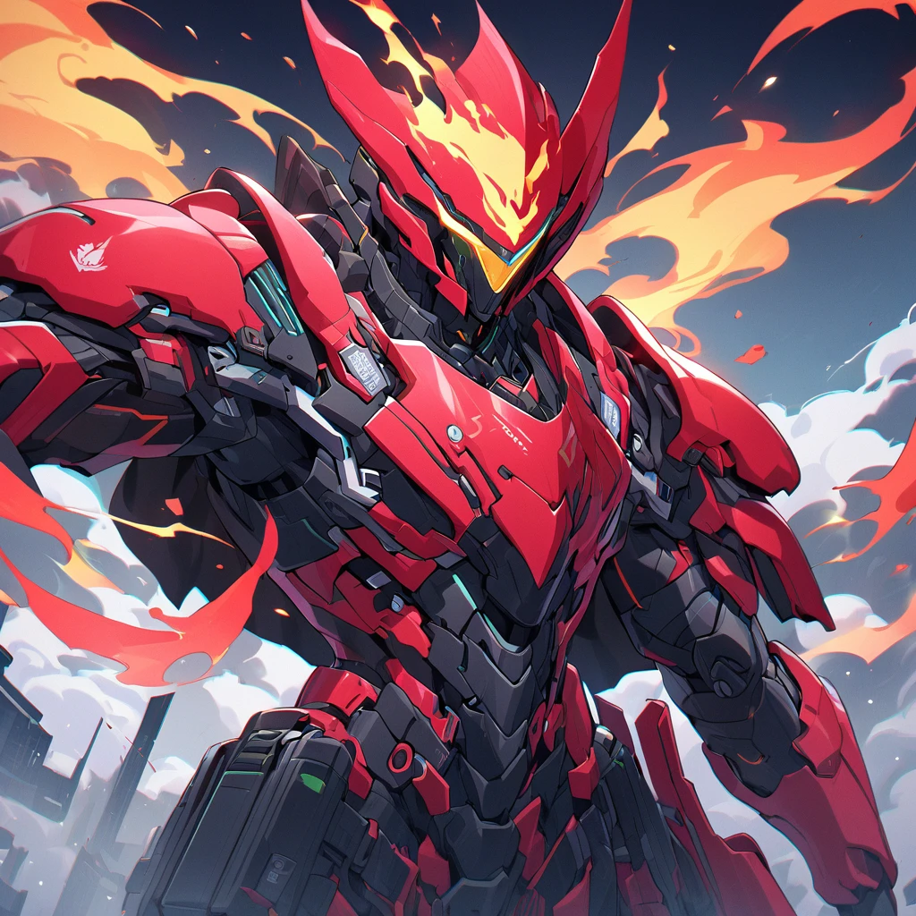 A captivating illustration of Silco, the arcane champion, standing tall in his stunning neon red and black cyber armor. The armor's "DIF" design on the helmet, predominantly black with striking red accents, shows his affiliation. On the chest he sports the "WildFire" emblem in fire red and flame yellow, adding a touch of intense energy to his ensemble. Equipped with a sleek one-handed assault rifle, Silco exudes unwavering confidence and determination. The image encapsulates the perfect blend of futuristic technology, cyberpunk aesthetics and a sense of imminent danger.