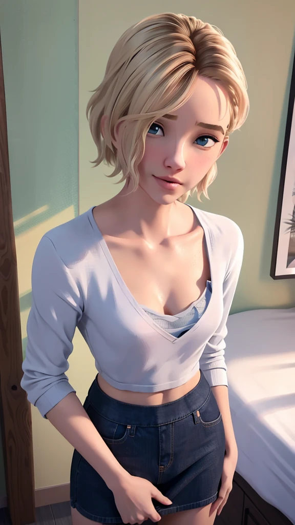 cleavage, [soft ambient light],Mu bedroom background,(Beautiful One Girl),SCWEN, (20 year old student)) [short-hair] ((very muscular)) [Scrawny],(selfee) etching [sweaty],[details face],(Beautiful skin expression [transparency]),(More about beautiful skin),[Realistic papilla details],[Physical details],(Realistic physical details),Eros no Corpo Natural,[ideal anatomy],[Desaturation],(high qualiy),(high resolution),((Small tits)),(((casual clothes))),shirt,skirt.