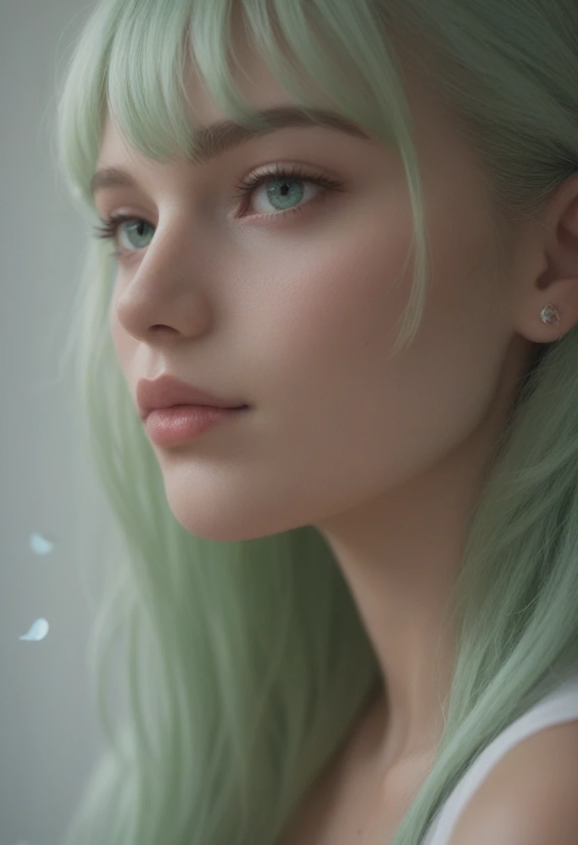 實際的, 女生頭像, 淺綠色瀏海長髮, 臉頰上有淺藍色的花瓣, 實際的 skin texture, 詳細圖片, 特寫, 高清32k
