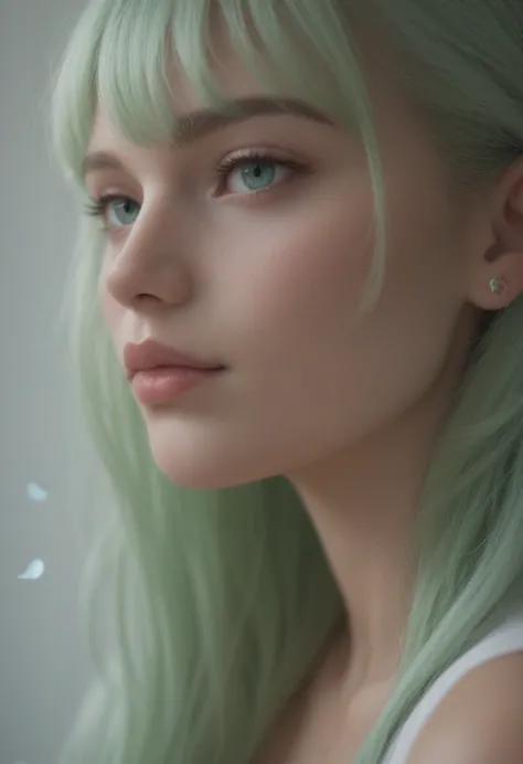 realistic, girl's profile picture, light green long hair with bangs, light blue petals on cheeks, realistic skin texture, detail...