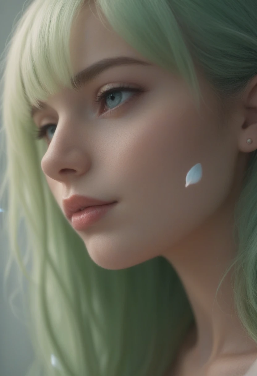 實際的, 女生頭像, 淺綠色瀏海長髮, 臉頰上有淺藍色的花瓣, 實際的 skin texture, 詳細圖片, 特寫, 高清32k

