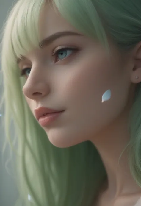 realistic, Girl's profile picture, light green long hair with bangs, light blue petals on cheeks, realistic skin texture, detail...