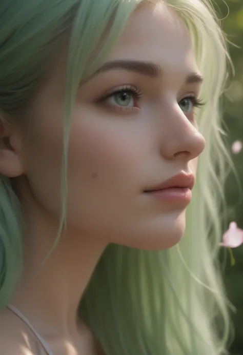 realistic, Girl's profile picture, light green long hair with bangs, light blue petals on cheeks, realistic skin texture, detail...