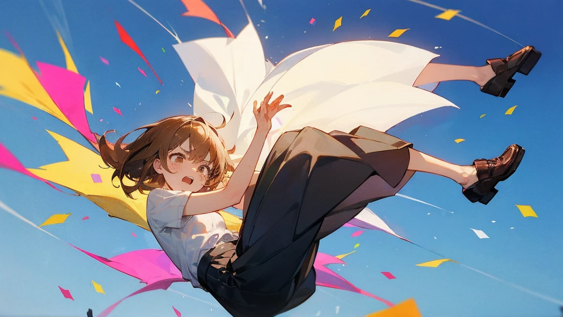 ((Highest quality)), ((masterpiece)), ((Very detailed)),Floatingする女の子,Angry expression，floating，Floating，Confetti，Brown Hair,tears,Levitating,Blue sky background,Feet in the air,tears,gravity,Long skirt,loafers,Raise both hands