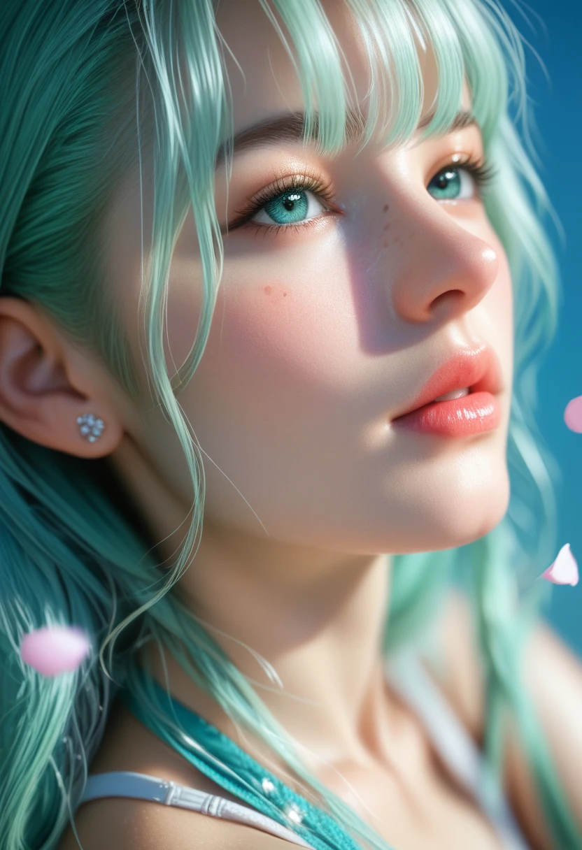 score_9, score_8_above, score_7_above, 1girl, realistic, Girl's profile picture, light green long hair with bangs, light blue petals on cheeks, realistic skin texture, detailed picture, close-up, HD32k