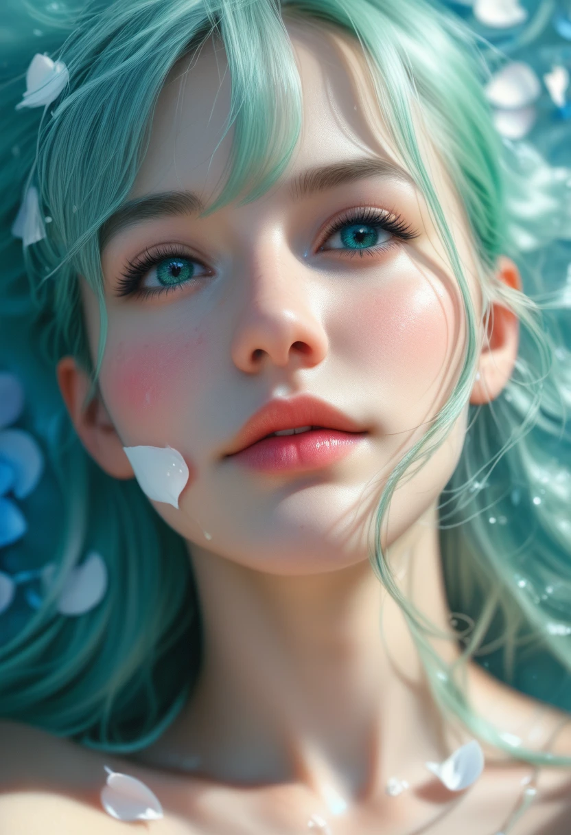 score_9, score_8_above, score_7_above, 1girl, realistic, Girl's profile picture, light green long hair with bangs, light blue petals on cheeks, realistic skin texture, detailed picture, close-up, HD32k