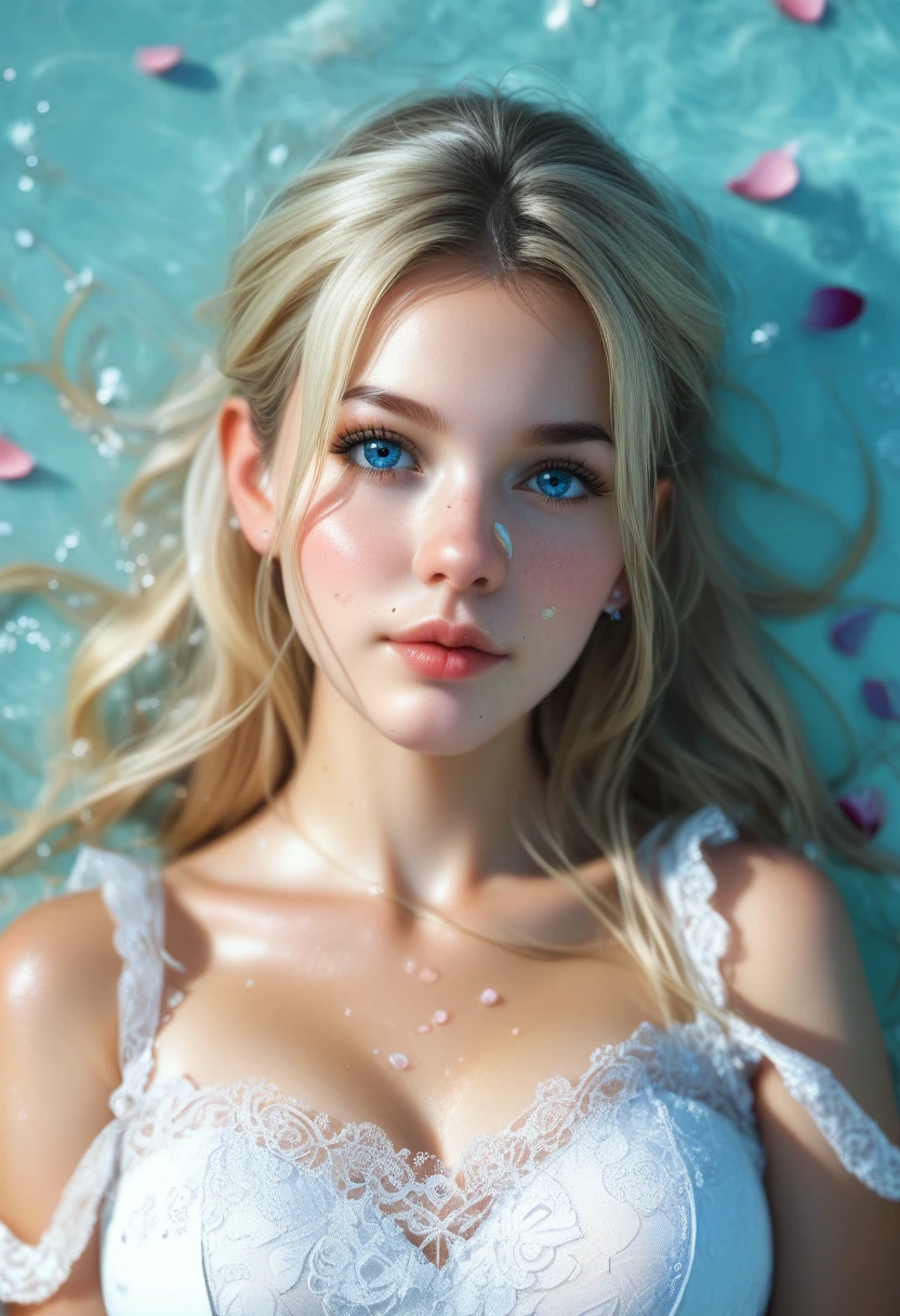 score_9, score_8_above, score_7_above, 1girl, realistic, Girl's profile picture, blonde green long hair with bangs, light blue petals on cheeks, blue_eyes, realistic skin texture, detailed picture, upper_body, HD32k